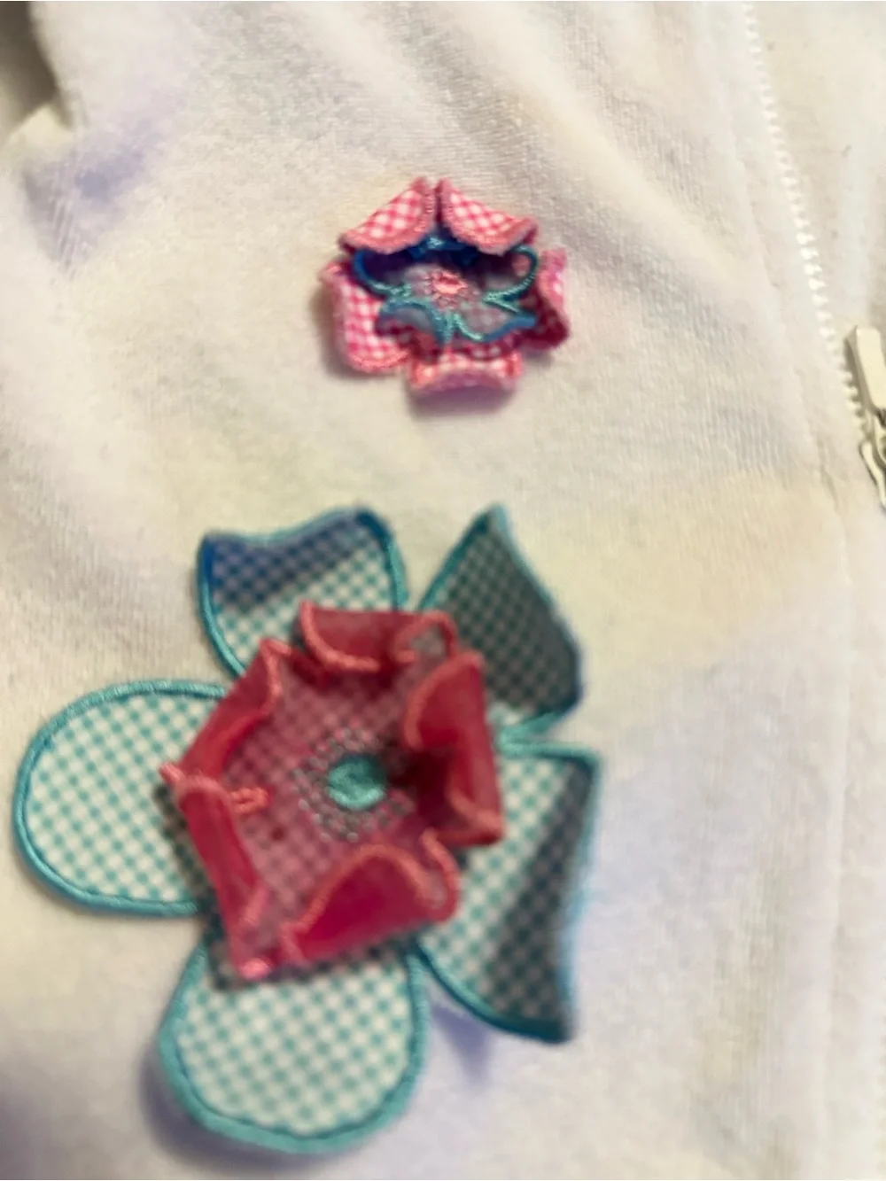 White Hooded Baby Bath Vest with Pink & Blue Flower Appliqués